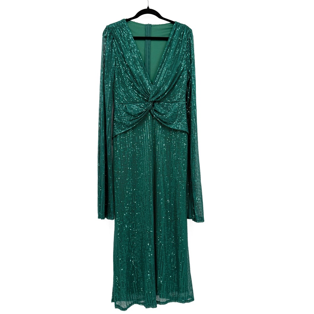 Green Sequin Maxi Dress Women Emerald Long Sleeve Twist Front Gown V-Neck